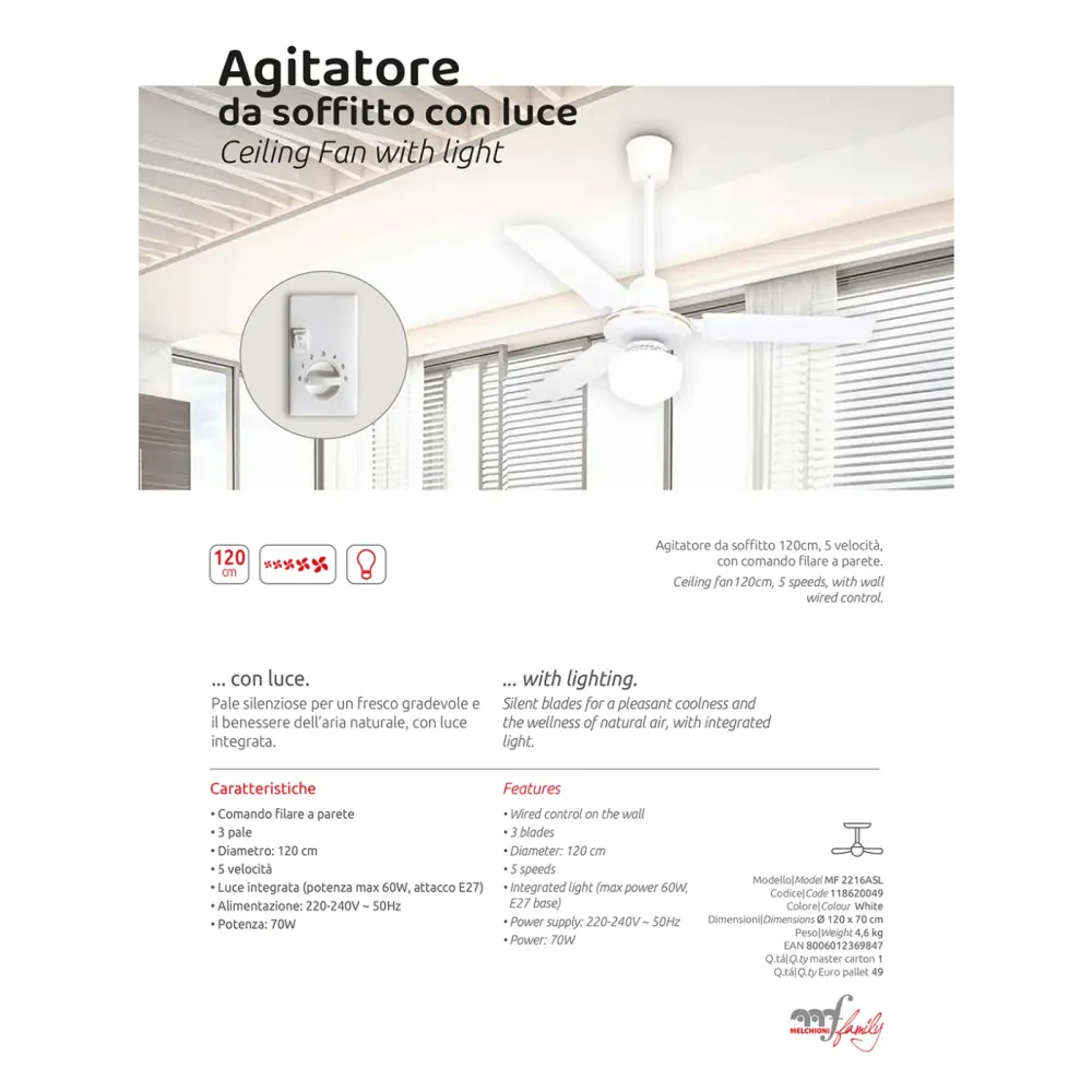 MELCHIONI family Ventilator stropni sa rasvjetom, 70W - MF 2216ASL