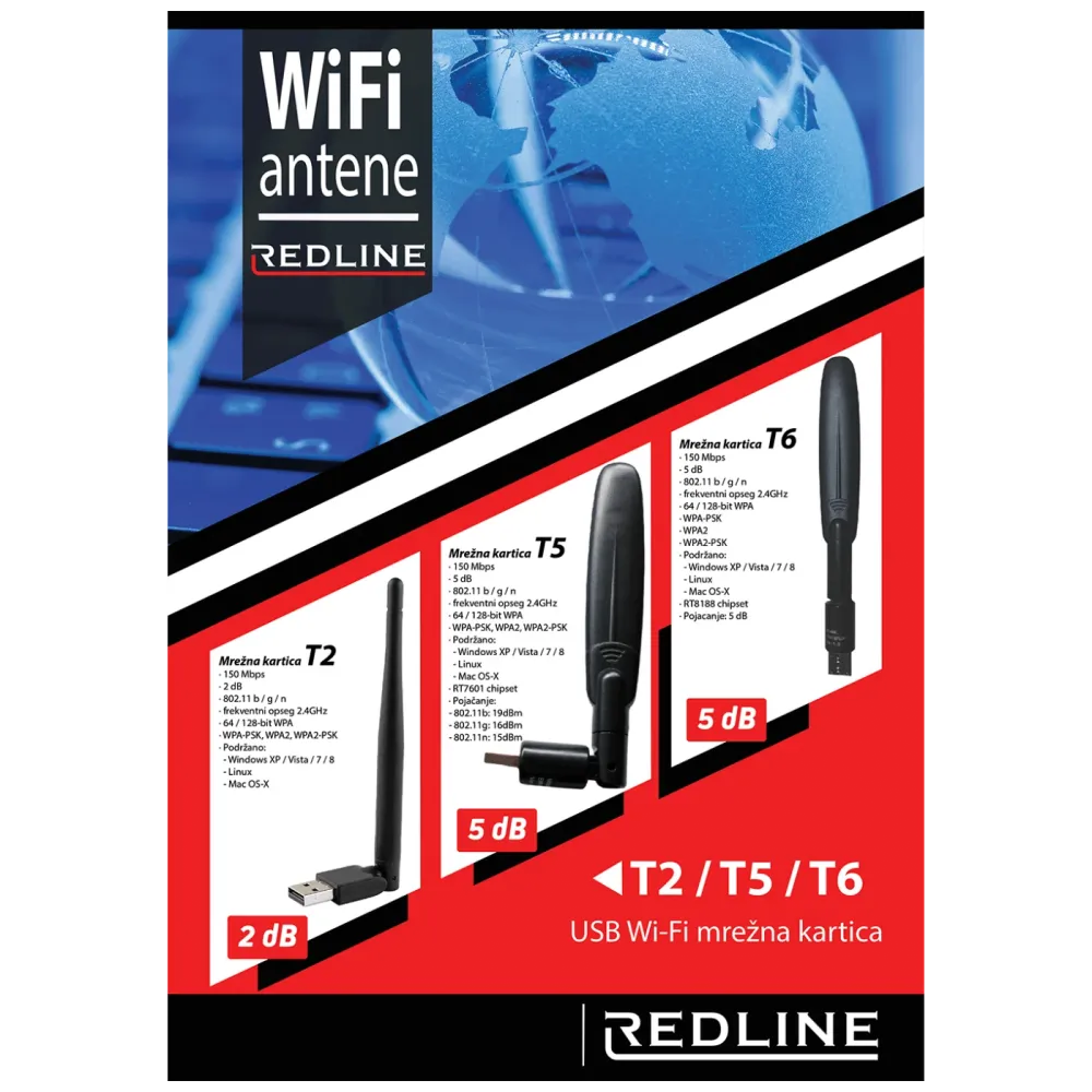 REDLINE Wi-Fi mrežna kartica, USB, 2.4 GHz, 2 dB, 150 Mbps, RT7601 - T2 WiFi antena