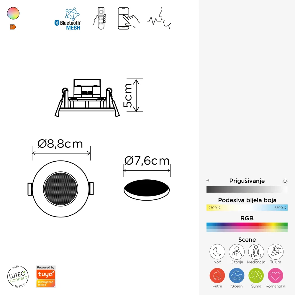 LED ugradbena svjetiljka OPTIMA, stropna, brušeni nikal, 7.7W, CCT+RGB, IP65