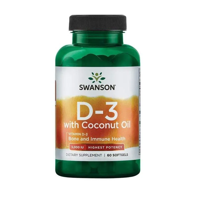 Vitamin D3 s kokosovim uljem 5000 IJ Swanson 60 kapsula