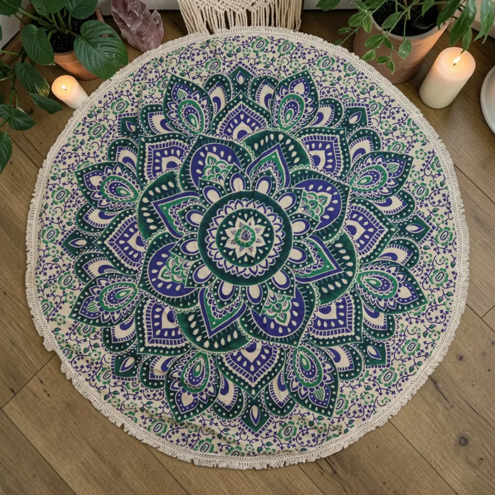 Mala mandala okrugla pamučna umjetnost (130 cm) – tirkizna i plava