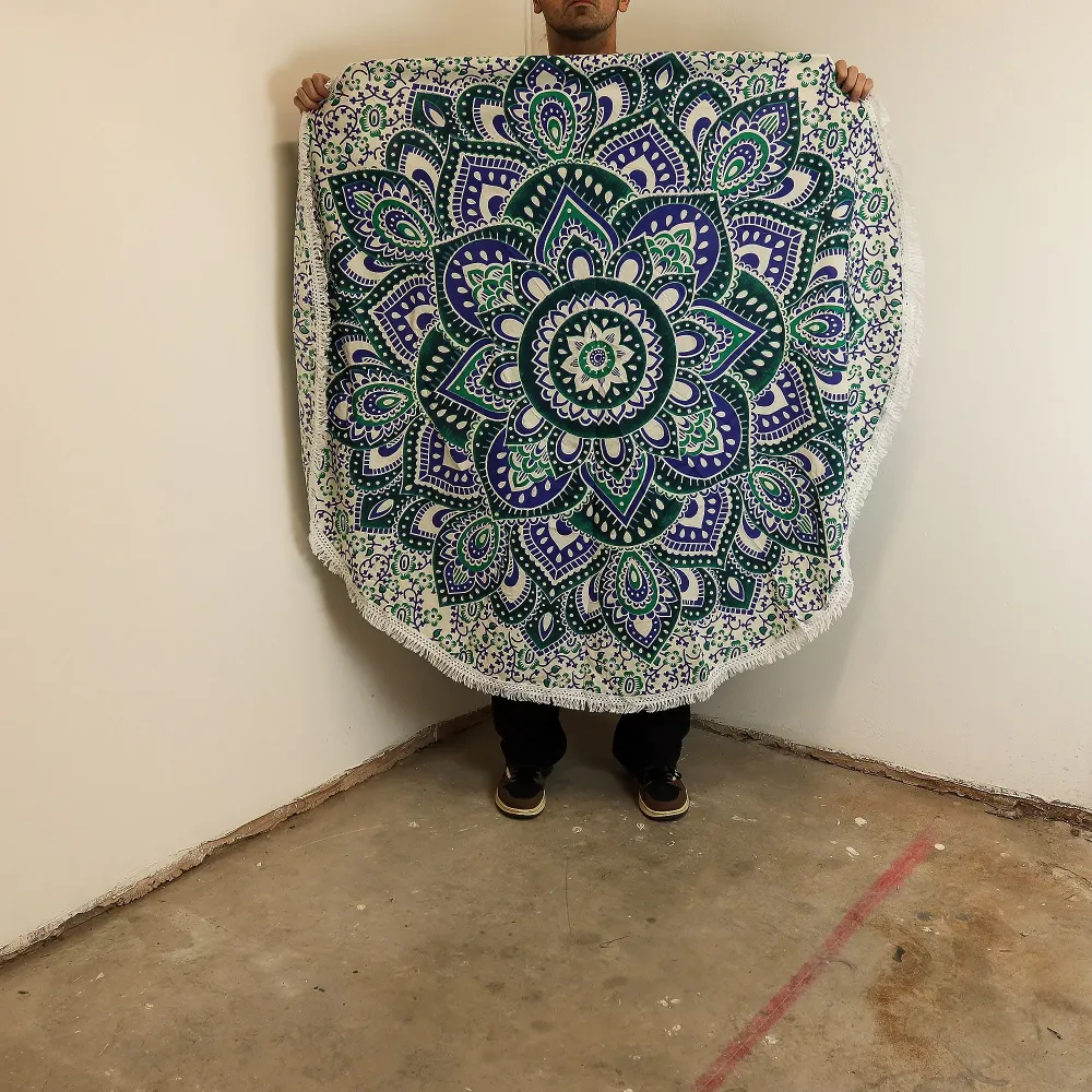 Mala mandala okrugla pamučna umjetnost (130 cm) – tirkizna i plava