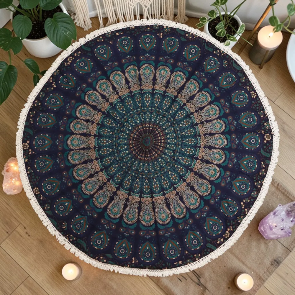 Mali Mandala Roundie od pamuka (130 cm) – Plavi paun