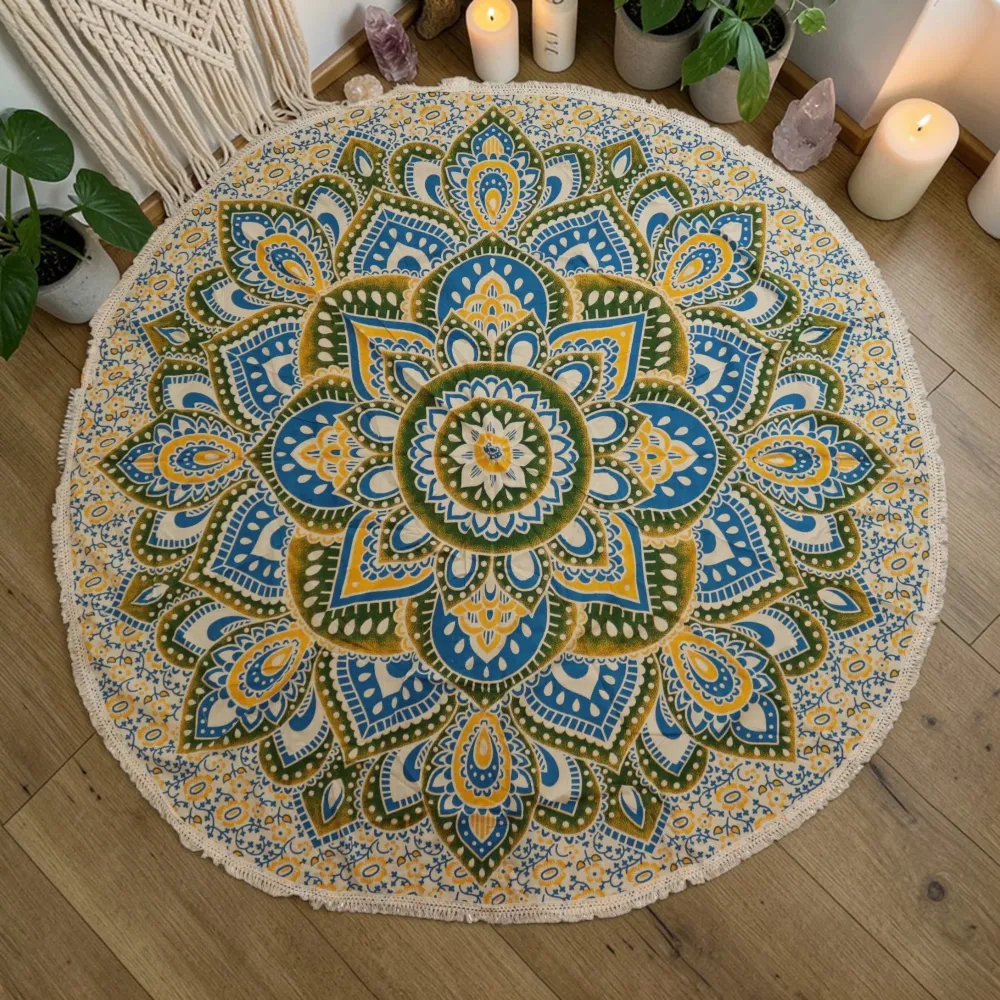 Velika Mandala Roundy Umjetnost (180cm) – Žuta i Plava