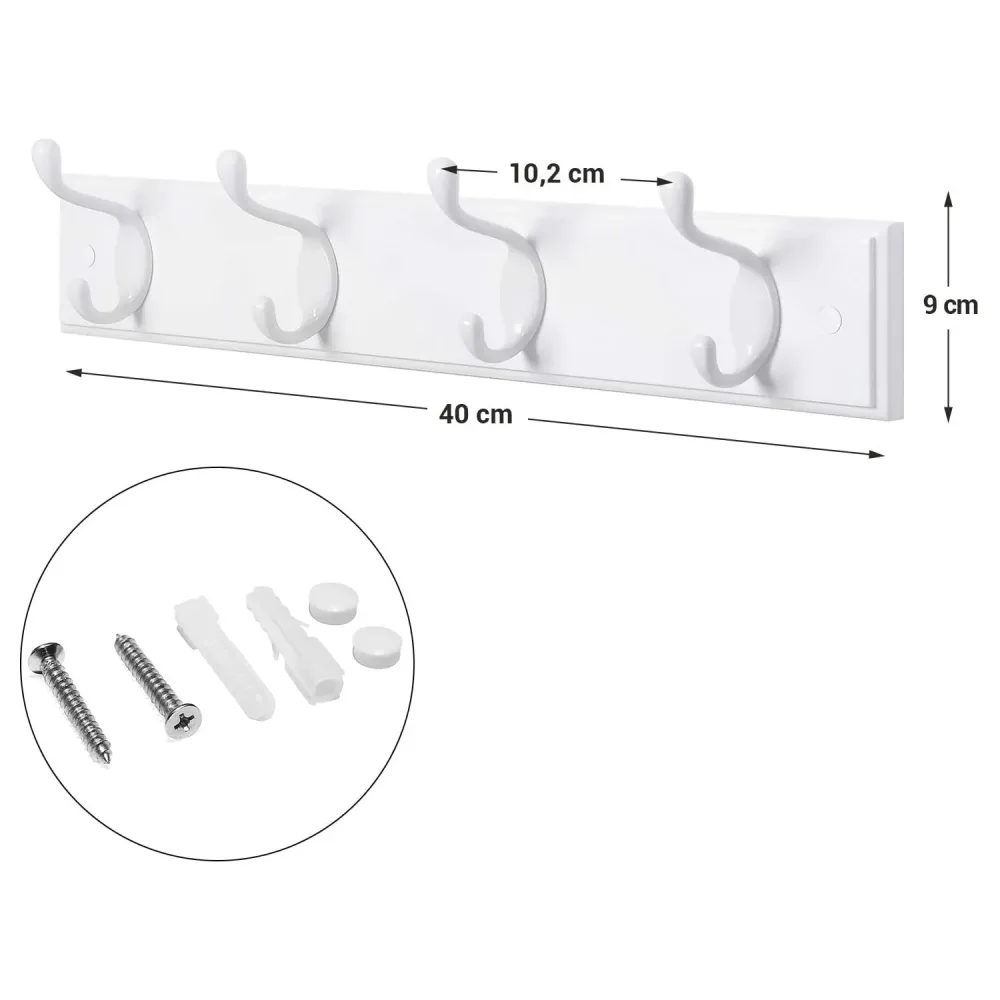 Zidni stalak za odjeću s 4 metalne kuke, 40 x 7 x 9 cm, bijele boje