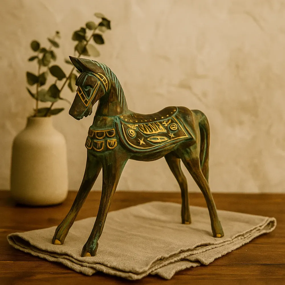 Drvena statua konja velika zlatna tirkizna 32 cm