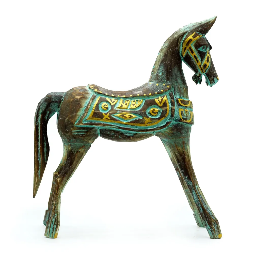 Drvena statua konja velika zlatna tirkizna 32 cm